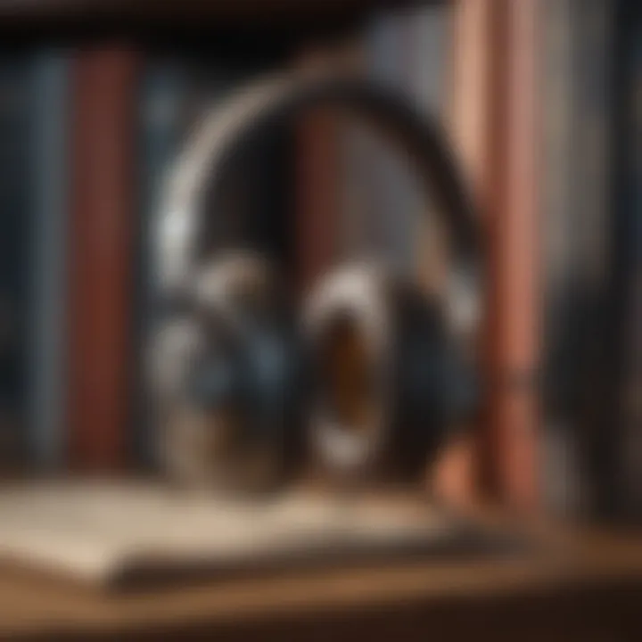 Abstract depiction of a key unlocking a digital library with earphones