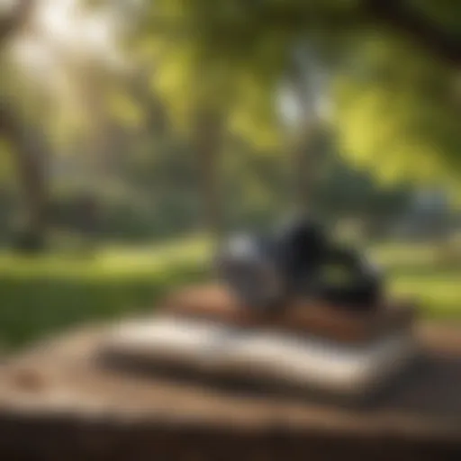 A person enjoying an audiobook in a serene park setting