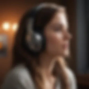 Woman listening to audiobook with headphones