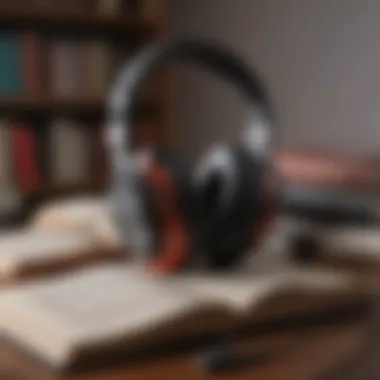 A collection of headphones and books symbolizing the listening experience.