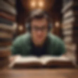 Illustration of a person with headphones immersed in a book