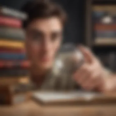 Enhanced Discovery Through Audible Renewal Deals Illustration of a person holding a magnifying glass over a stack of audiobooks