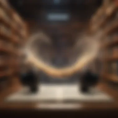 Immersive Audio Experience: Riding the Sound Wave Dynamic illustration of a sound wave morphing into a library filled with audio content