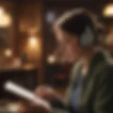A person engaged in active listening with headphones while reading notes.
