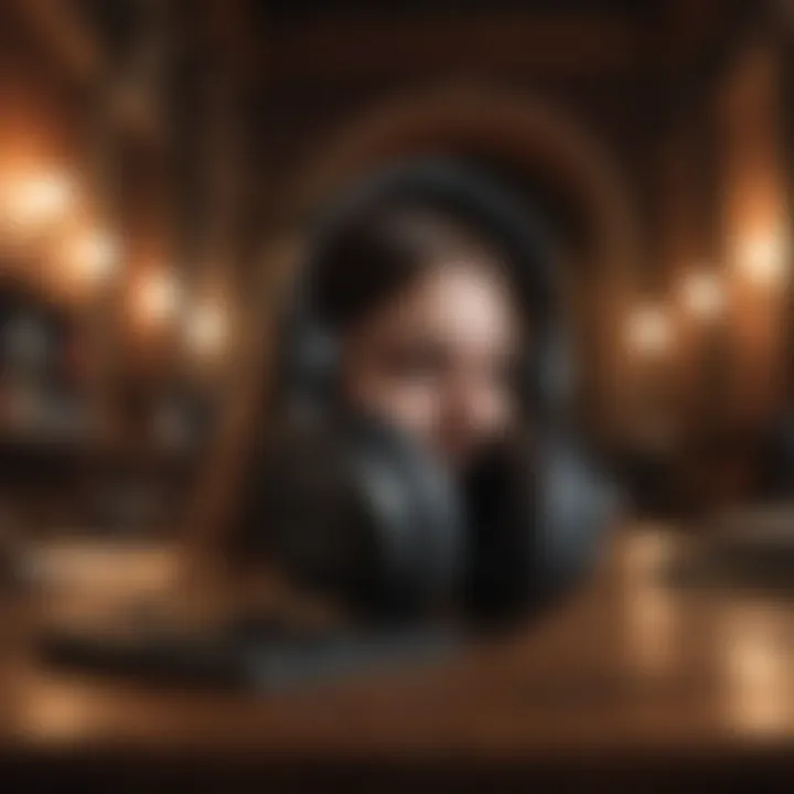 An individual listening to an audiobook with headphones immersed in a historical setting