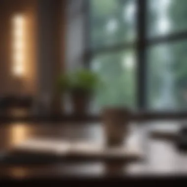Reflective Workspace for Leaders A tranquil workspace with a notebook and a cup of coffee, symbolizing reflection
