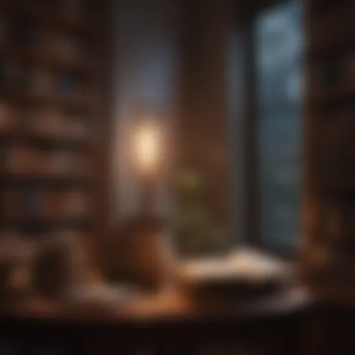 A serene library corner with warm lighting and a stack of books