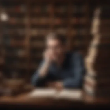 The Depth of Intellectual Pursuit A scholar deep in contemplation with books surrounding them