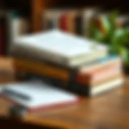 A stack of influential investment books with a notepad and pen