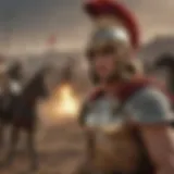 An artistic representation of Alexander the Great on the battlefield, embodying his strategic genius.