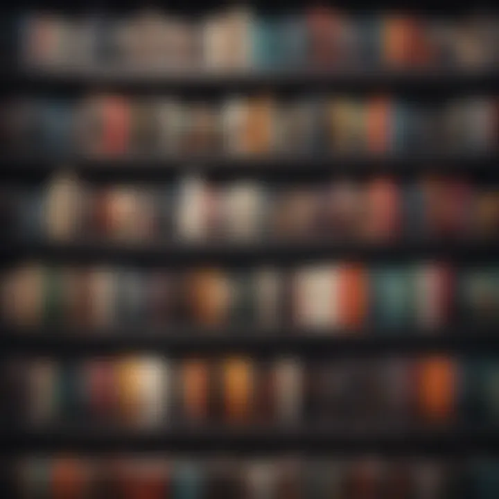 Illustration of a bookshelf filled with diverse audiobooks