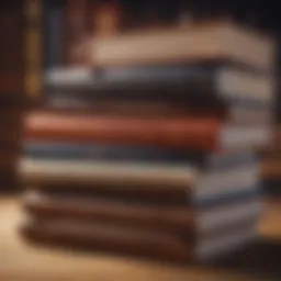 A stack of classic literature books with a soft focus background