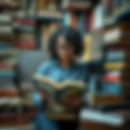 A person surrounded by a variety of books, representing diverse reading choices.