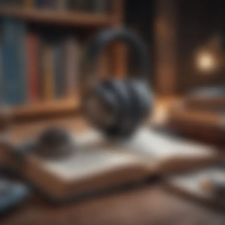 A serene setting with books and headphones, symbolizing personal growth through audio literature.