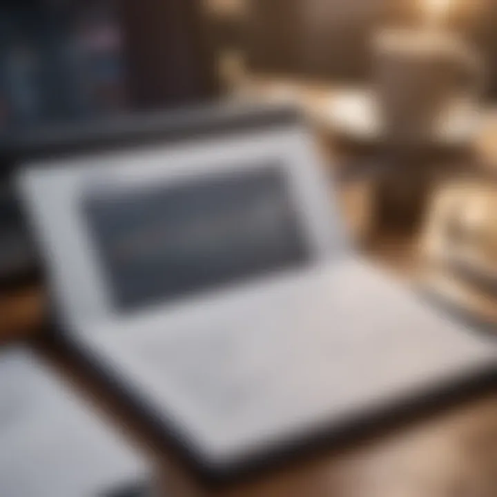 Notebook and pen with a laptop displaying business graphs