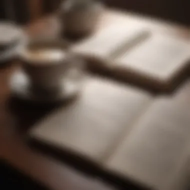 Open book with highlighted passages alongside a cup of coffee
