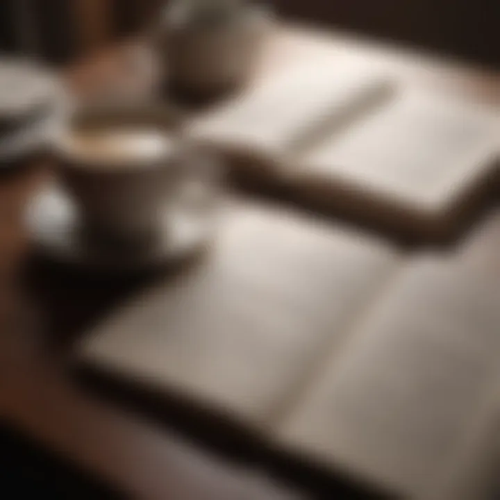Open book with highlighted passages alongside a cup of coffee