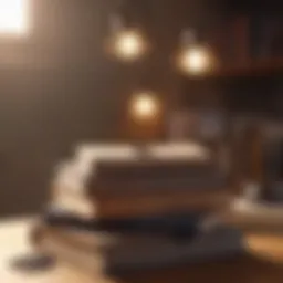 Books stacked on a desk with a notepad and pen