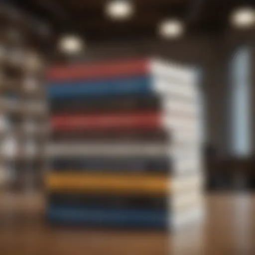 A stack of influential business books with a modern office in the background.