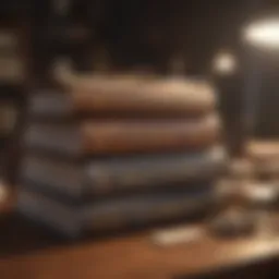 A collection of renowned finance books stacked on a wooden desk