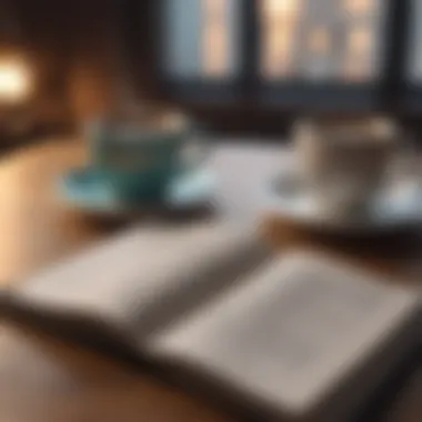 An open book with highlighted passages and a cup of coffee beside it