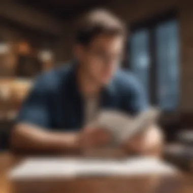 A focused individual reading a financial guide