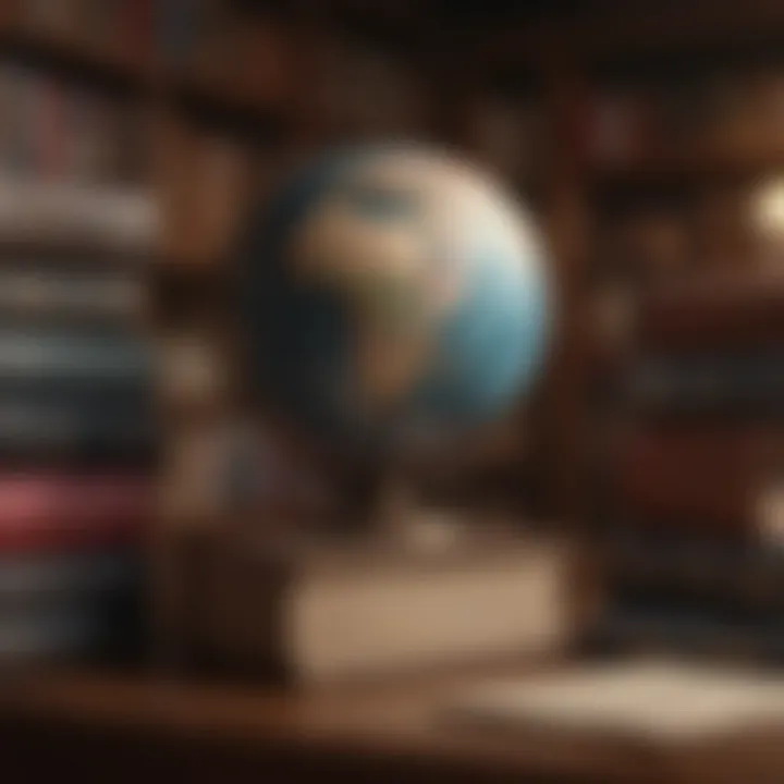 Books stacked with a globe in the background