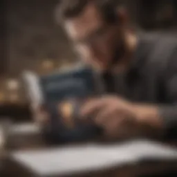 A thoughtful individual reviewing a financial strategy book