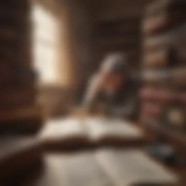 Contemplation and Literature A contemplative figure lost in thought, surrounded by classic literature.