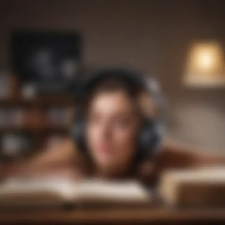 A focused listener immersed in an audiobook experience