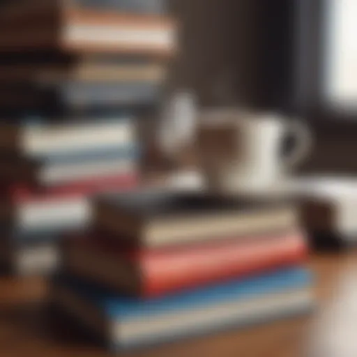 A stack of influential leadership books with a coffee cup