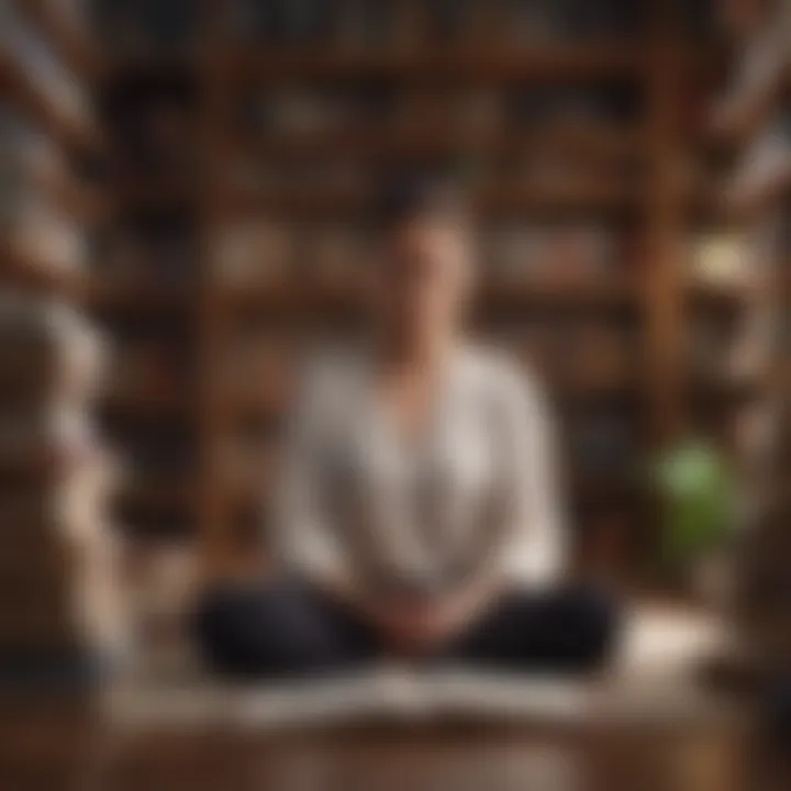 A woman peacefully meditating surrounded by books