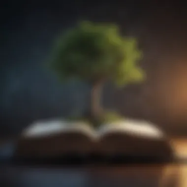 Abstract depiction of personal growth with a tree growing from a book