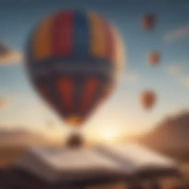 Journey to Inspiration Whimsical illustration of a hot air balloon soaring high in the sky with motivational quotes trailing behind