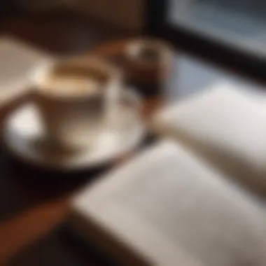 An open book with highlighted passages and a cup of coffee