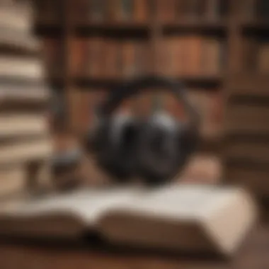 A person immersed in listening to an audio biography, surrounded by books and a notebook.