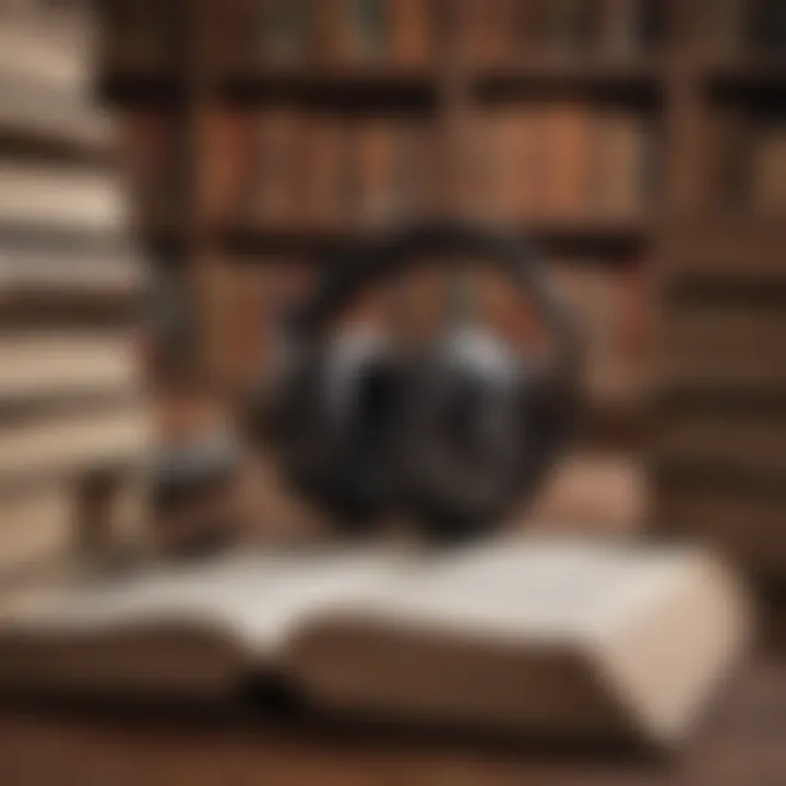 A person immersed in listening to an audio biography, surrounded by books and a notebook.