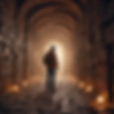 Illustration of a person with a lantern exploring a labyrinth of audiobooks