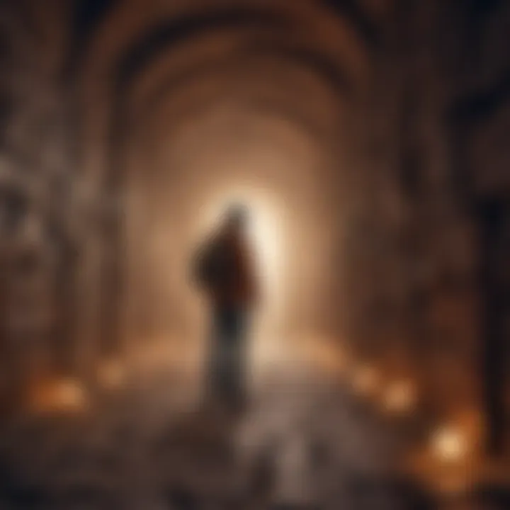 Illustration of a person with a lantern exploring a labyrinth of audiobooks