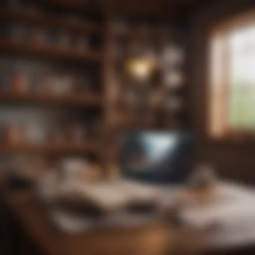 A cozy reading nook with an open laptop and a stack of books