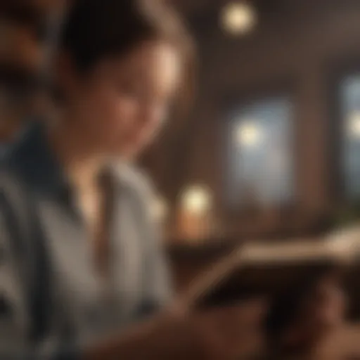 A person reading a book with a thoughtful expression