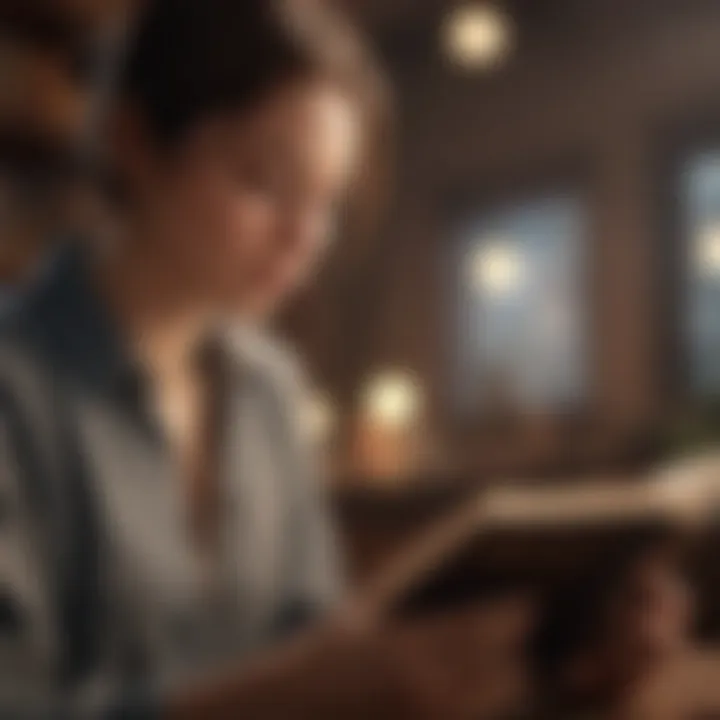 A person reading a book with a thoughtful expression