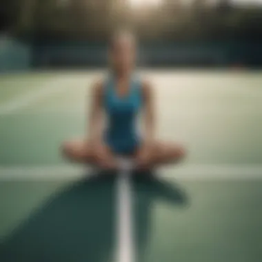 A person in a meditative pose on a tennis court, emphasizing self-discovery and focus.