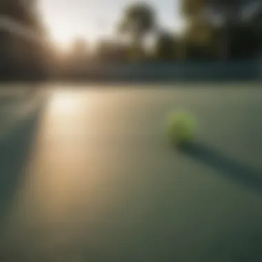 Tranquility on the Court A serene tennis court at dawn, symbolizing tranquility and focus in sports.