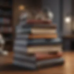 A stack of influential financial books on a wooden desk.