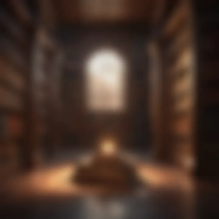 Illustration featuring an ancient library with books that emit beams of light