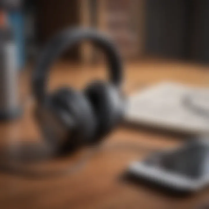 A close-up of headphones and a smartphone with audiobook app