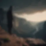 A shadowy figure standing at the edge of a cliff, symbolizing the confrontation with fear.