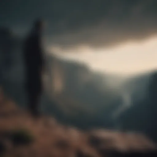 A shadowy figure standing at the edge of a cliff, symbolizing the confrontation with fear.