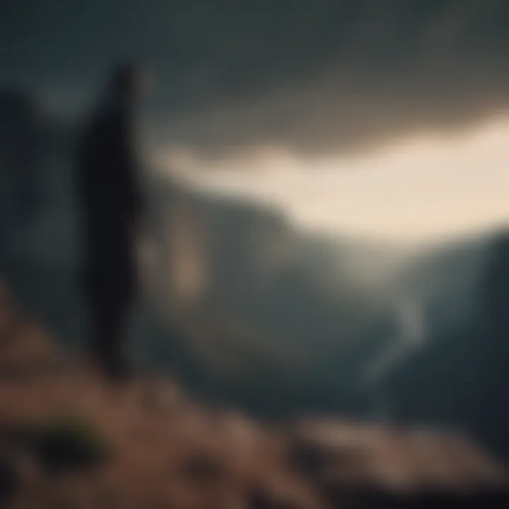 A shadowy figure standing at the edge of a cliff, symbolizing the confrontation with fear.